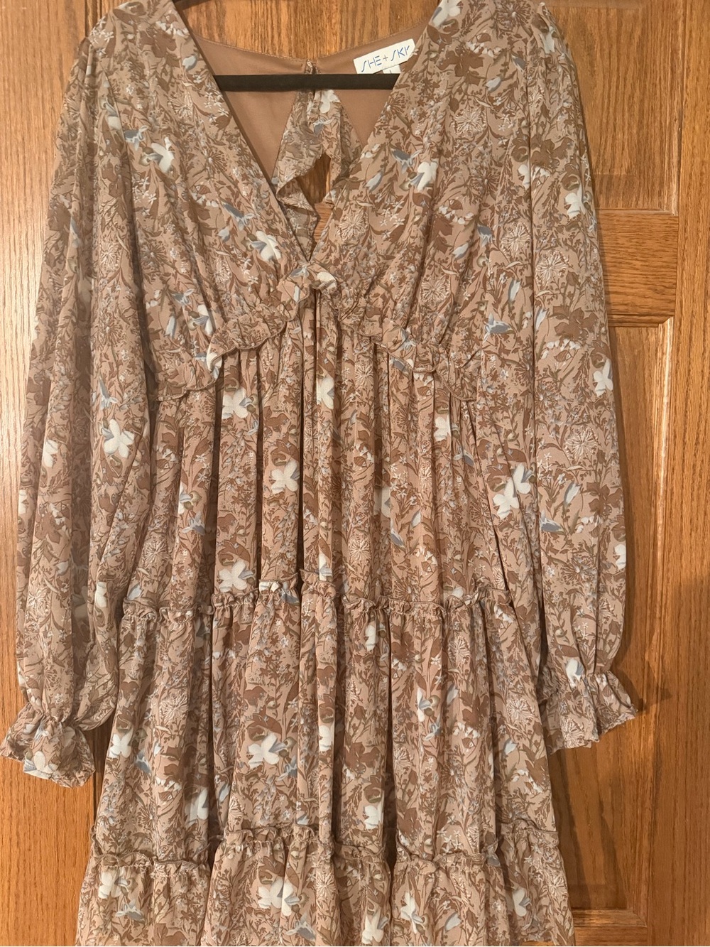 She + Sky Brown Floral Tiered Girls Dress with Cream & Light Blue Accents